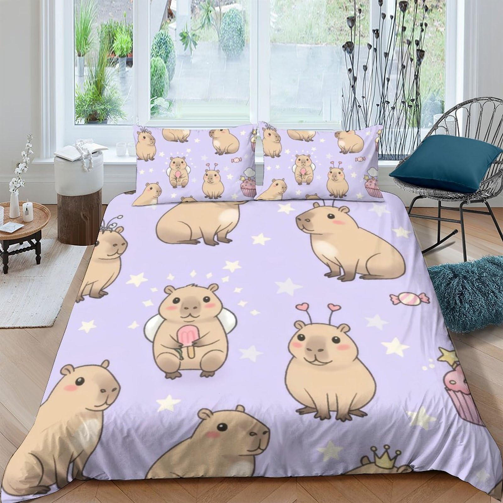 Ctjqhvkz Style-3 3D Printed Cute Capybara Fitted Sheet Microfiber Lavender Cartoon Mattress Cover Anti-Slip Washable For Bedroom Guest Room Decor Single（135X200cm）