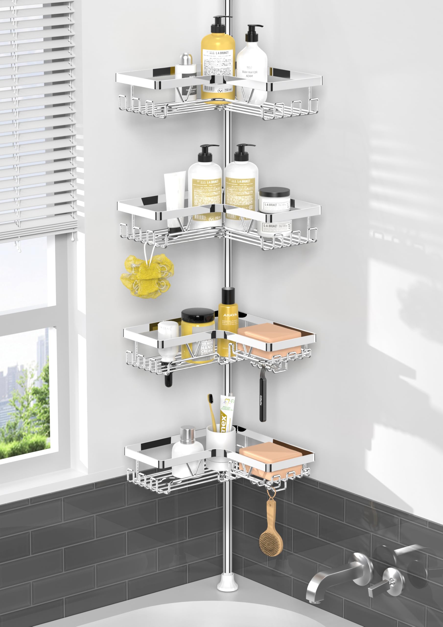 KEGII Corner Shower Caddy Tension Pole - Chrome 4-Tier Adjustable Shower Tension Rod Organizer with Hooks & Soap Holders, 25-114.2 Inch Stainless Steel Shower Storage Rack for Renters & Family