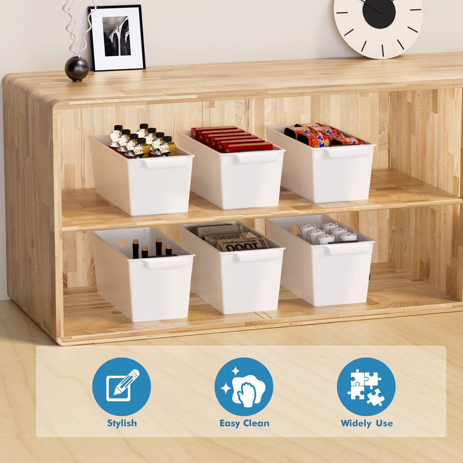Plastikowe pojemniki do przechowywania, 6-pak z etykietami klipsowymi i markerem kredowym, konstrukcja przedniego uchwytu, 28 x 12,5 cm, organizacja spiżarni i przechowywanie otwarte kosze na półki,