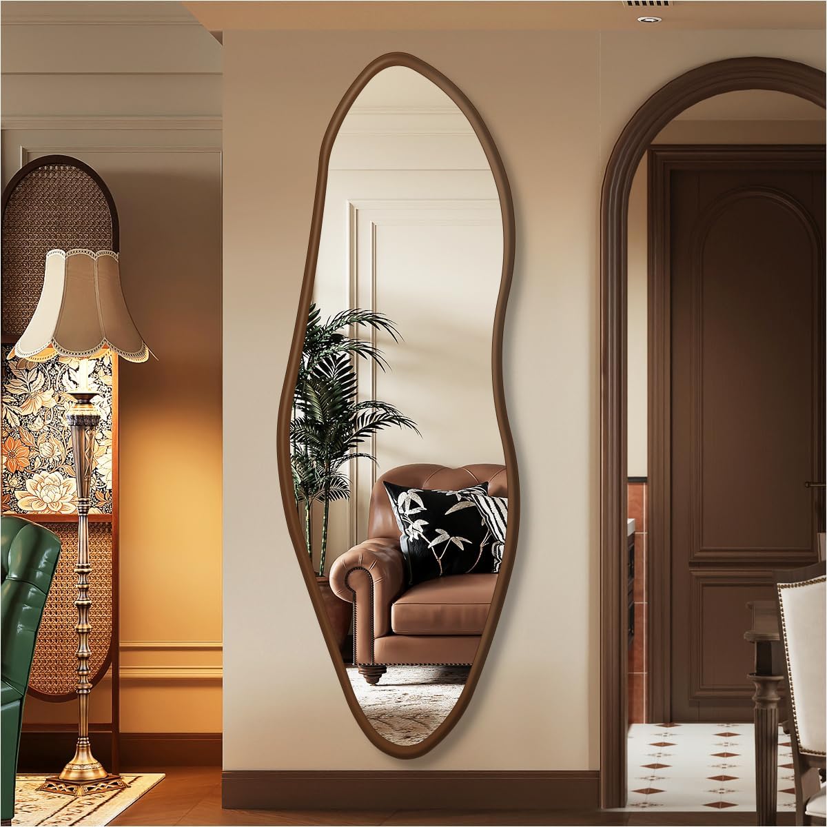 22" x 65" Irregular Full Length Mirror, Asymmetrical, Walnut-Colored Wood Framed Wall Mirror for Bedroom, Hallway, Living Room, Entryway, Rustproof, Shatterproof, Horizontal/Vertical