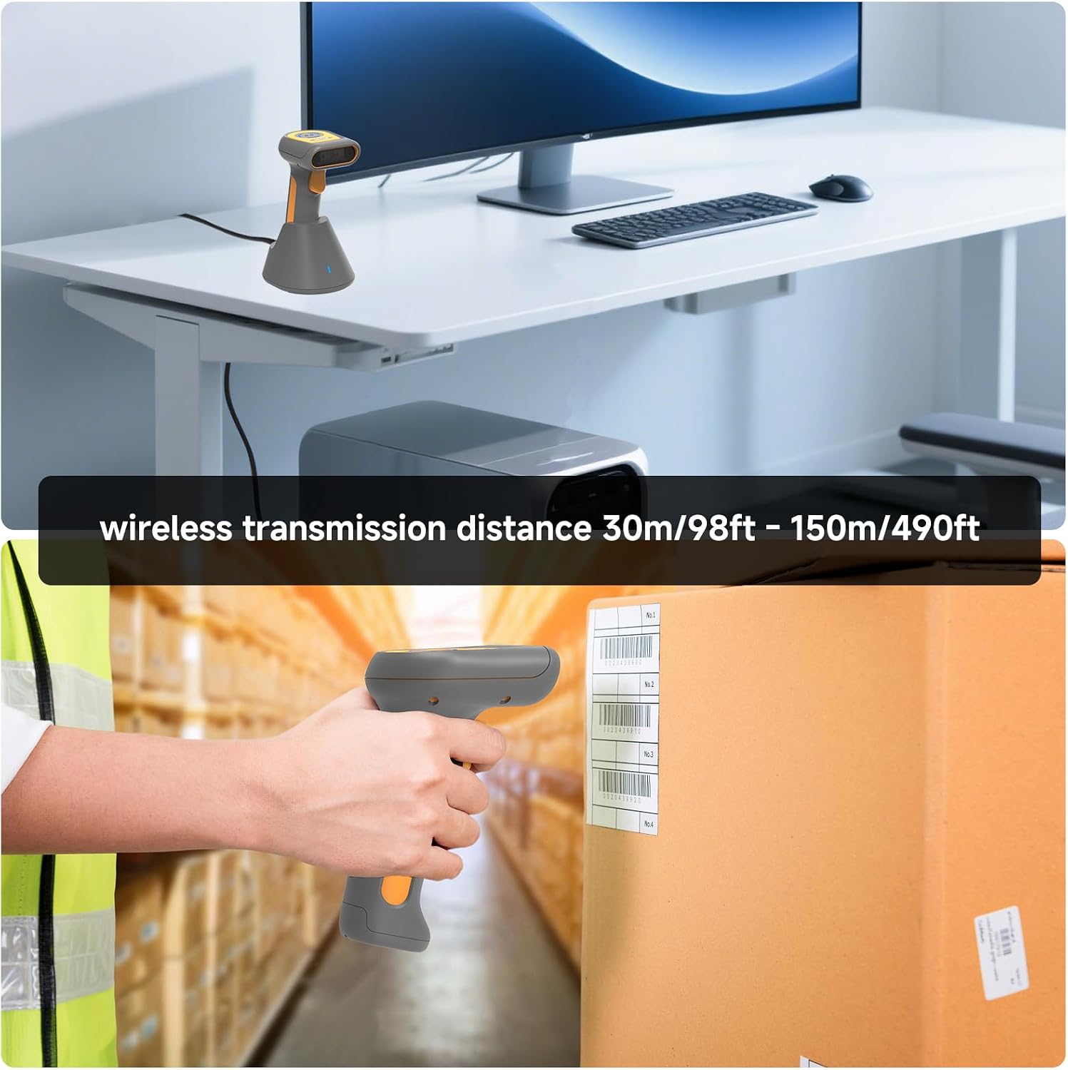 VOTTAN 2D QR Barcode Scanner, Wireless ＆ Charging Base 5000mAh Battery, Industrial Barcode Scanner for Warehouse Express