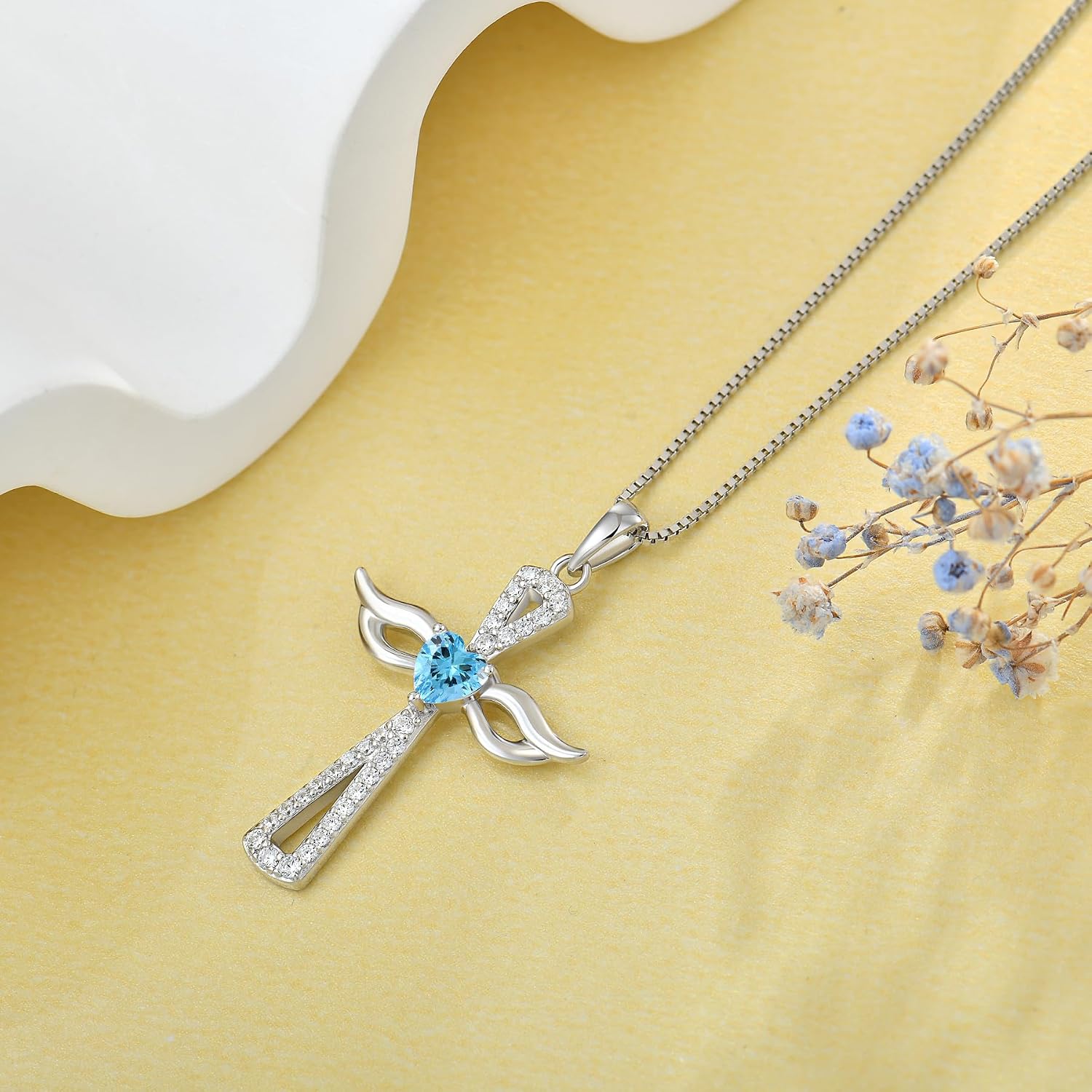 JO WISDOM Guardian Angel Wings Cross Necklace 925 Sterling Silver Cubic Zirconia Heart Birthstone Pendant Jewelry for Women
