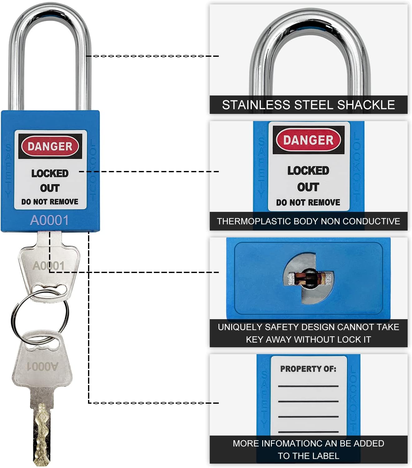 SAFBY 10 Keyed Different Lockout Tagout Lock - Loto Safe Padlocks for Lock Out Tag Out Stations and Devices (Blue, Key Different)