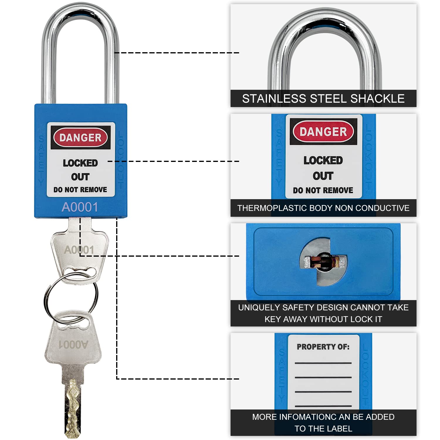 SAFBY Candados loto seguros con 10 llaves diferentes para estaciones y dispositivos (azul, llave diferente)