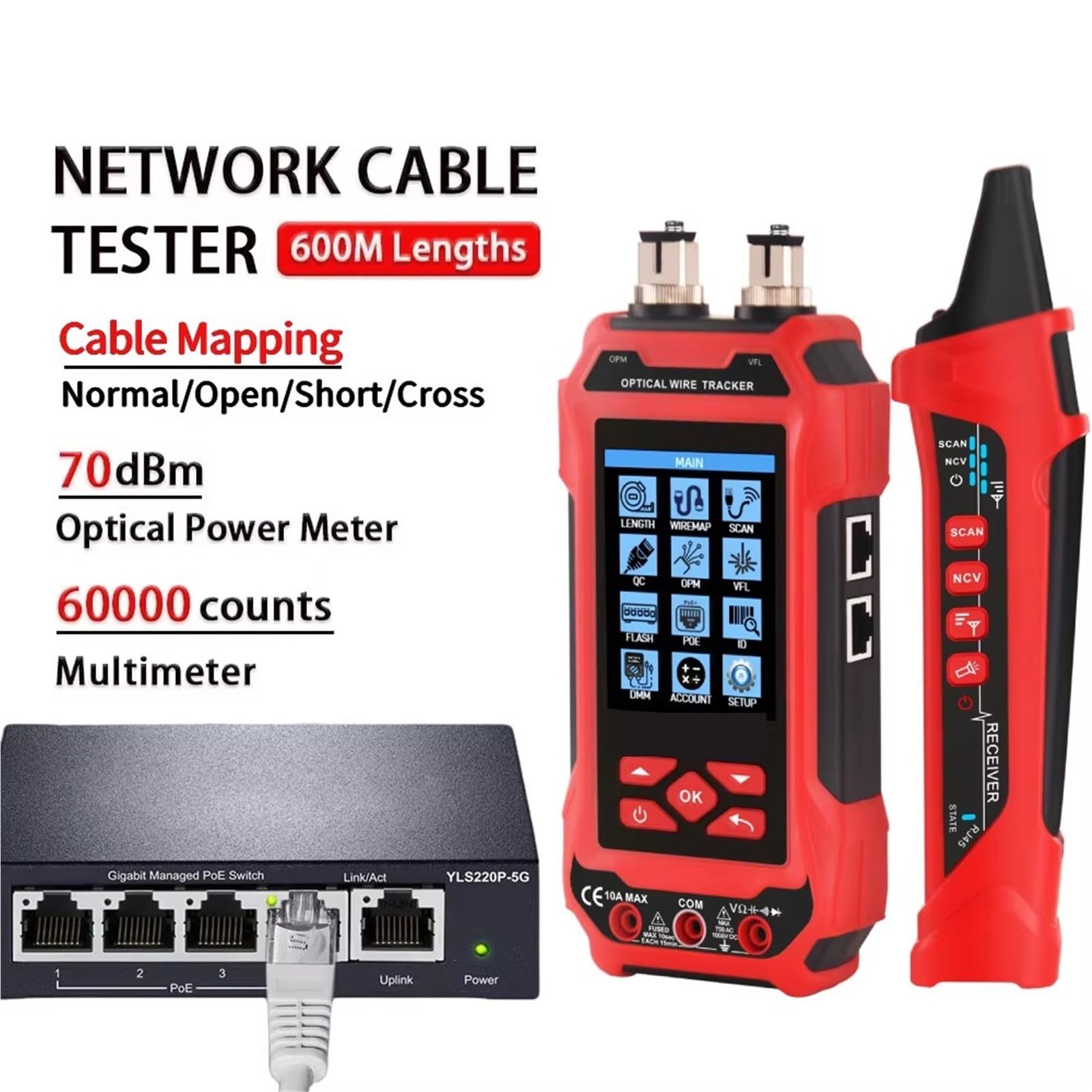 Localizador de cables, Comprobador de cables de red, multímetro de 60000 cuentas, medidor de potencia óptica, prueba POE, comprobador de red LAN