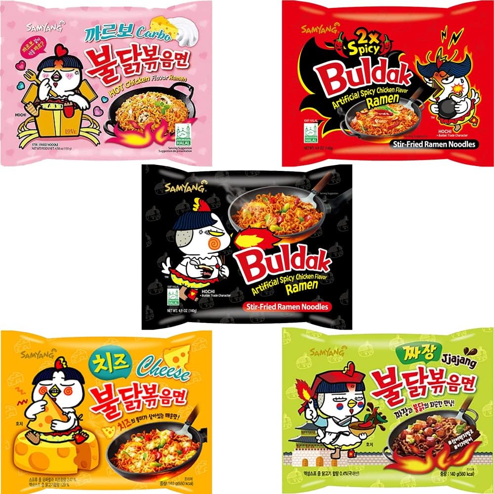 OHMARKET Samyang Buldak Korean Hot Spicy Chicken Stir-Fried Ramyun Noodles 5 Flavor Combo (Original + 2x Spicy + Carbo + Jjajang + Cheese) 5 Pack