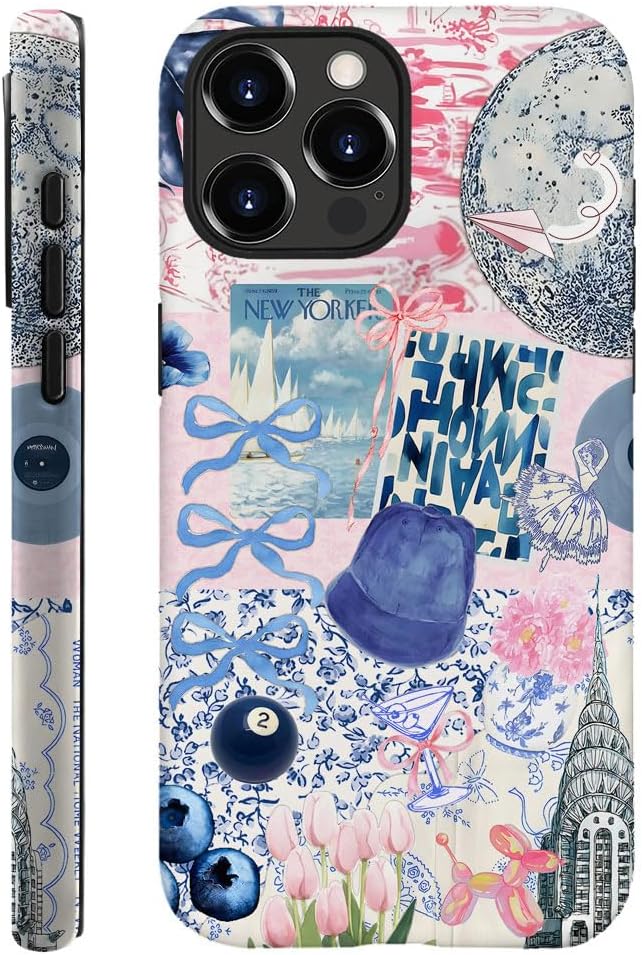 Generic Case Compatible with iPhone 16 Pro,Scratch Resistant Hybrid 2-Layer Hard Shell Phone Case,Ball Blue Bow Flower Collage Aesthetic