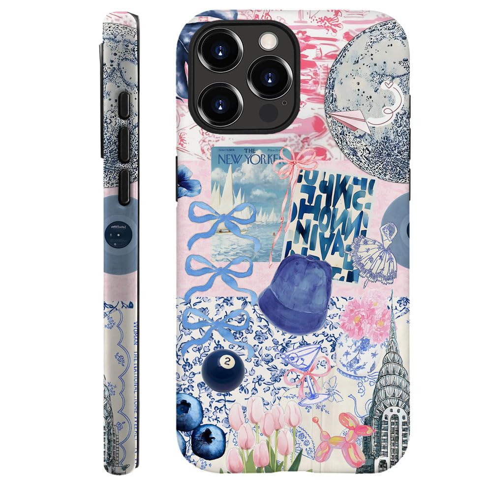 Generic Case Compatible with iPhone 16 Pro,Scratch Resistant Hybrid 2-Layer Hard Shell Phone Case,Ball Blue Bow Flower Collage Aesthetic