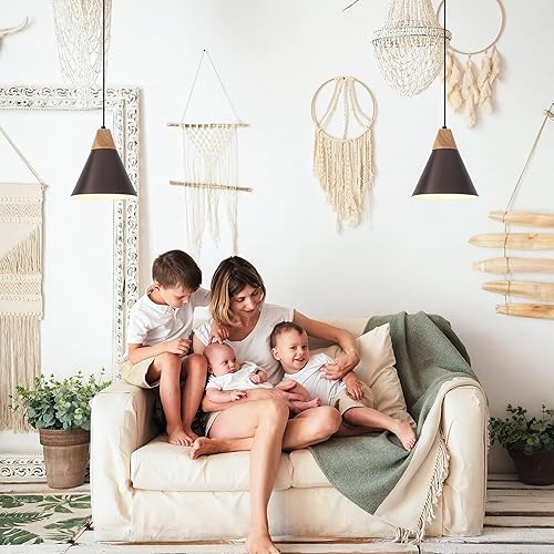 Miniatura 9 de SESIMENT Lámparas colgantes negras 1 paquete de 9.4 pulgadas, luces de isla de cocina de madera y metal para colgar en el techo, luces colgantes de