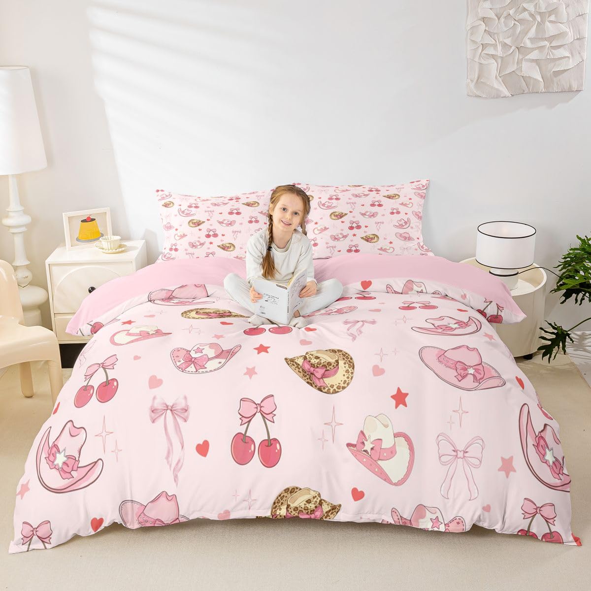 Homewish Set di biancheria da letto Kawaii con copripiumino per letto super king size, con fiocco, cowgirl western, per bambini, adolescenti, ragazze, graziosi cuori, stelle, cowboy