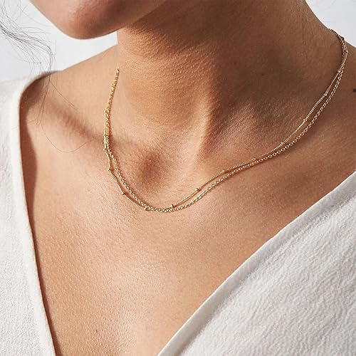 Layered Satellite Chain Necklace Boho Gold Layered Choker Necklace Smalll Beadeds Chain Necklace Vintage Bead Chain Necklace Layering Chain Necklace(Style1)