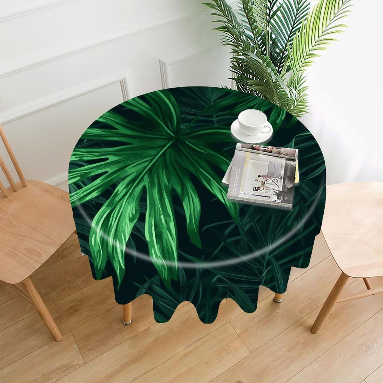 VstaDank Green Tropical Jungle Plant Tablecloth Easy to Clean Polyester Round Table Cover Washable Round Table Cloth Wrinkle-Free Circle Decoration Tablecloth for Kitchen Dining Room 60"