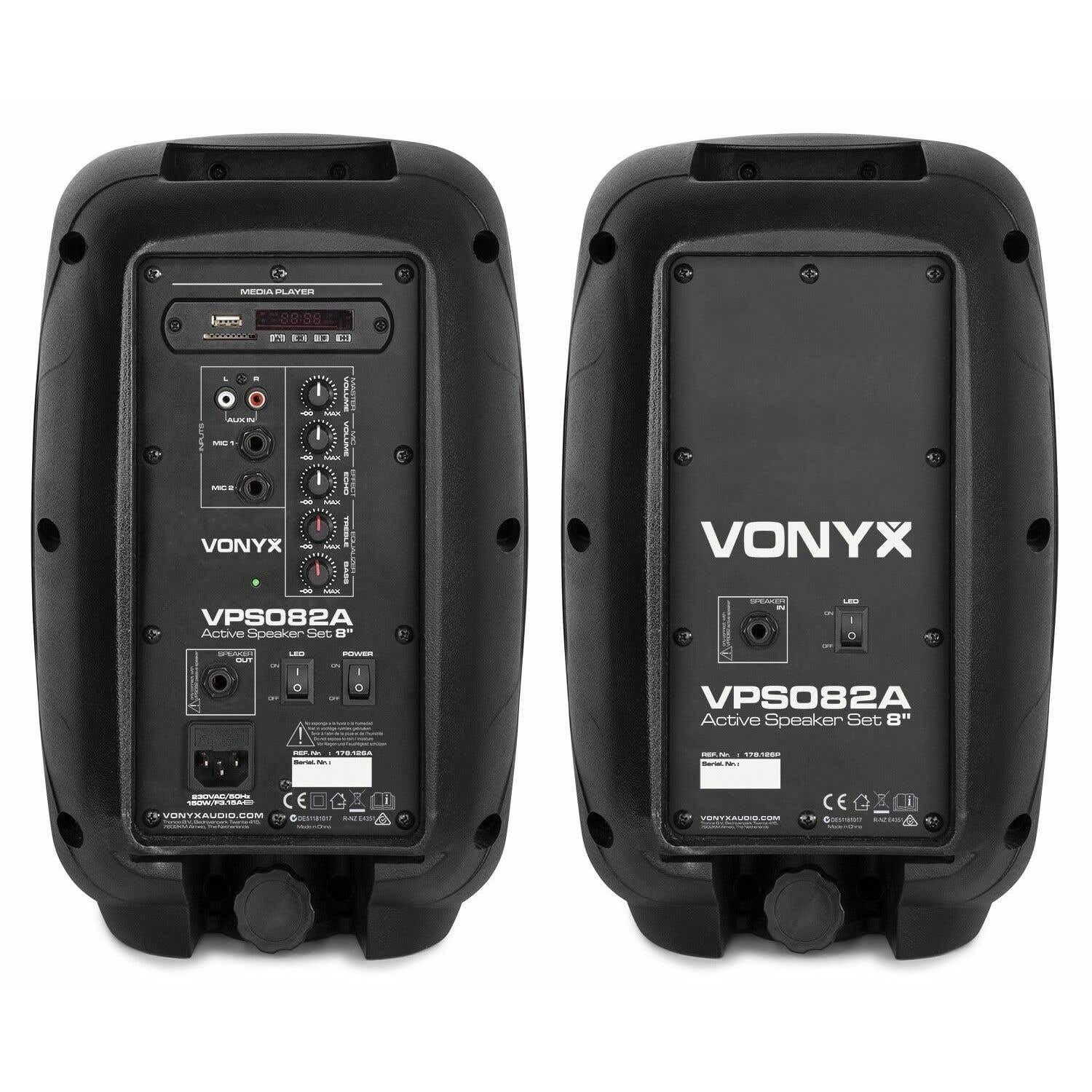 Vonyx VPS082A – Sistema de Sonido 400W con Bluetooth, Reproductor USB/SD, micrófono, Mando a Distancia, LED rítmicos, Altavoz Activo y pasivo 8", Ideal para Karaoke, DJ y Fiestas