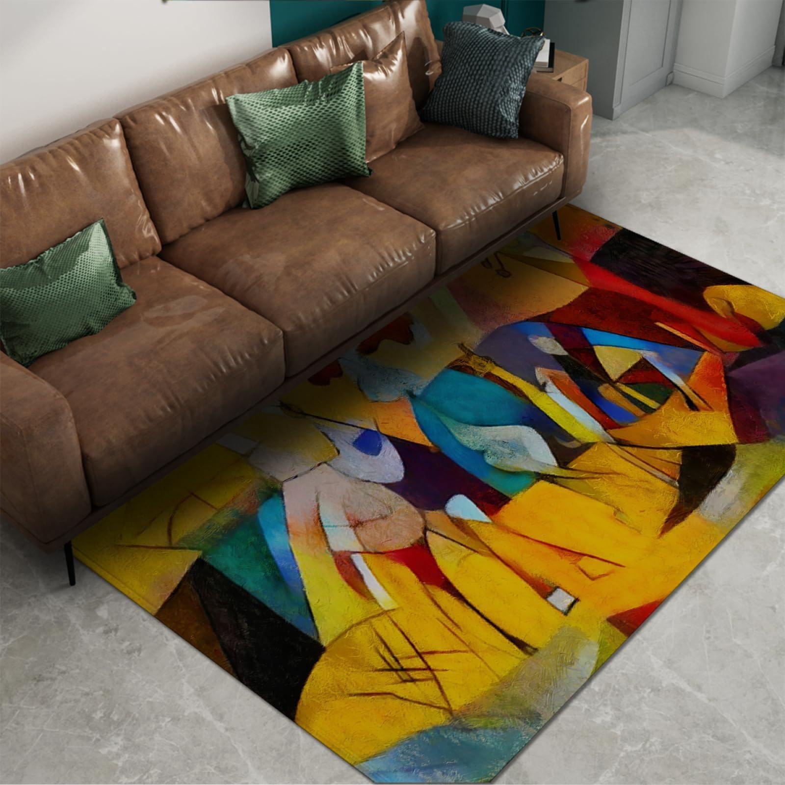 Tapis Salon 95x250cm Abstrait Picasso Style Collection, Tapis Peintures Célèbres Design, Tapis Lavable en Machine Dessous antidérapant à Poils Courts pour Chambre à Coucher, Bureau, Jaune