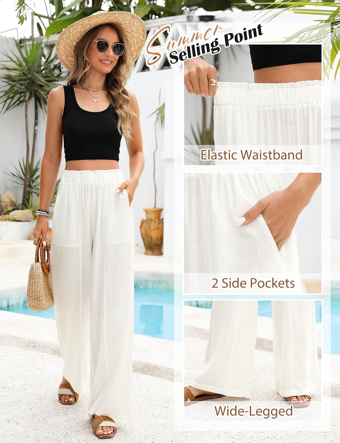 Linen Pants Women Summer Wide Leg Palazzo Pants Loose Slim High Waist Flowy Beach Boho Lounge Trouser Work Outfits 2026 - Image 4