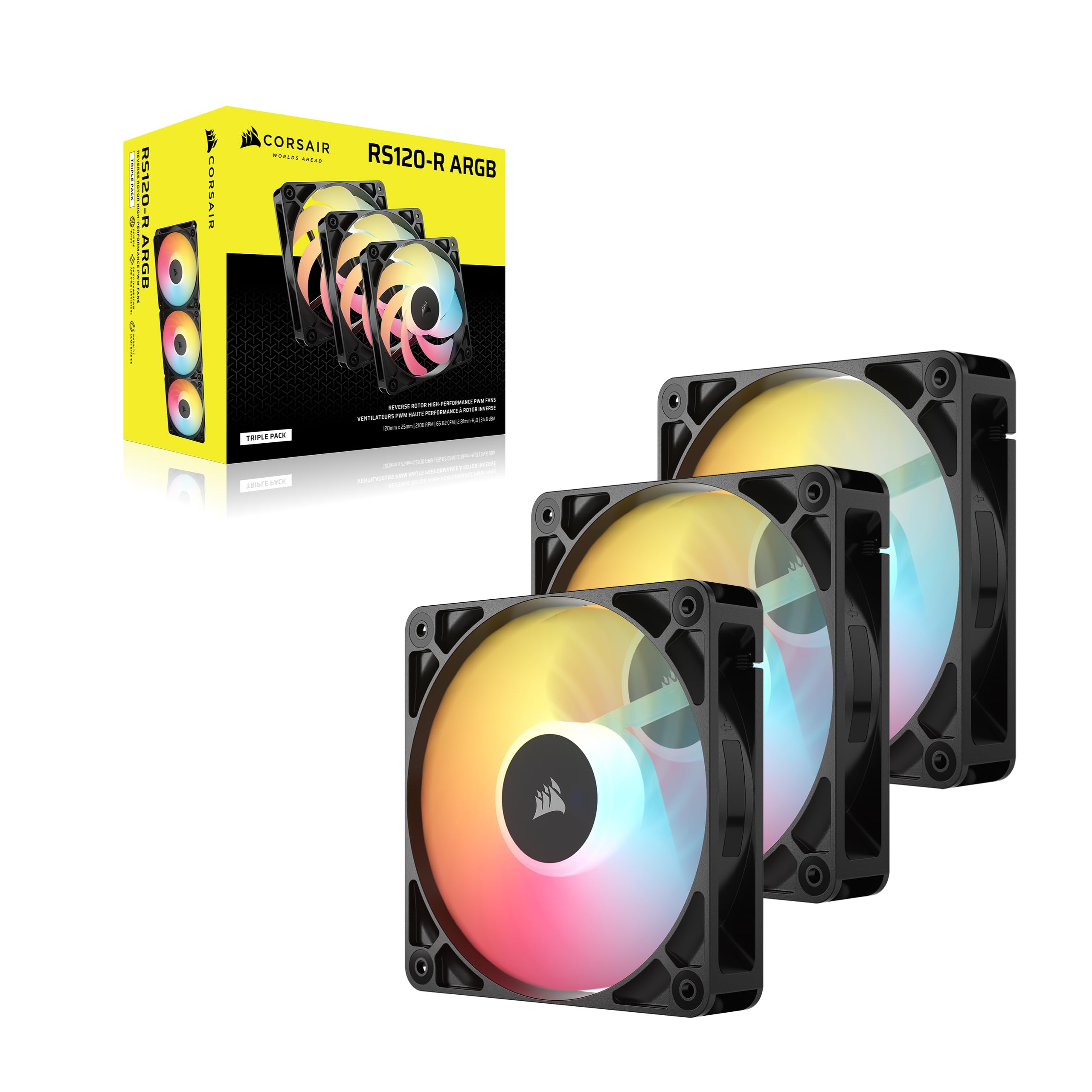 CORSAIR RS120-R ARGB 120 mm PWM Wentylatorów o Odwróconym Przepływie – Odwrócone Łopatki Wentylatora, 8 Diod LED RGB — Wysokie Ciśnienie Statyczne, Tryb Zero RPM – Zestaw Potrójny – Czarny