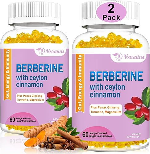 Paquete de 2 gomitas de berberina con canela de Ceilán, 2000 mg de berberina de alta potencia, sin azúcar, vegano, apoyo para la salud inmunológica,