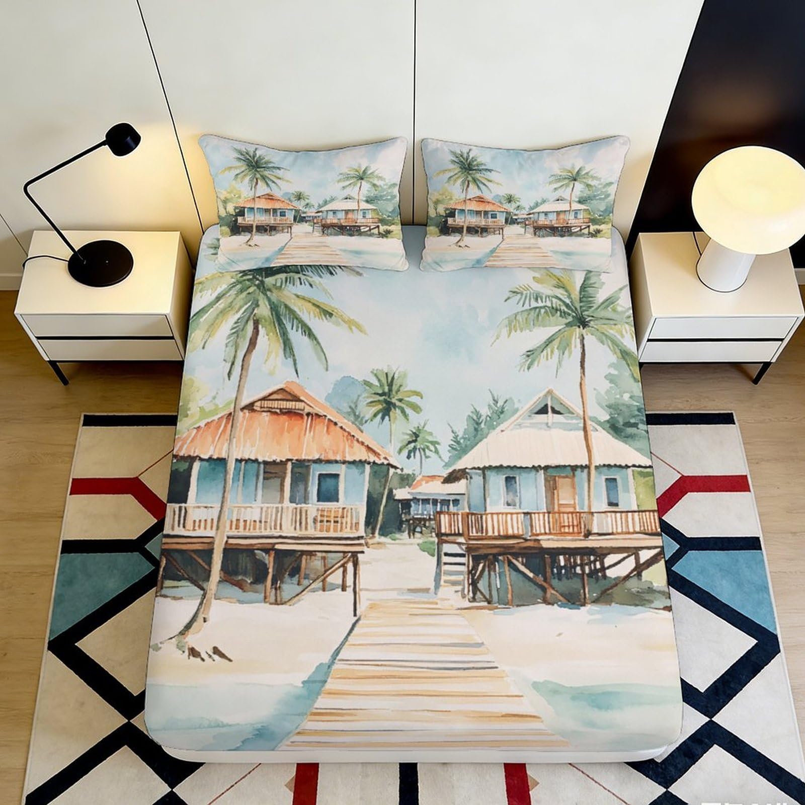 3D Printed Tropical Beach Fitted Sheet Microfiber Soft Breathable Coastal Hut Bed Cover for Bedroom Dormitory Guest Room Mattress Protection Decor 160x200x25cm
