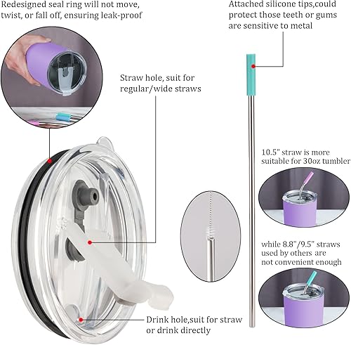 Miniatura 7 de Vaso de 887 mL con tapas y popotes, con aislamiento al vacío, de acero inoxidable, lacado, con tapa para popote y tapa abatible a prueba de fugas, 3