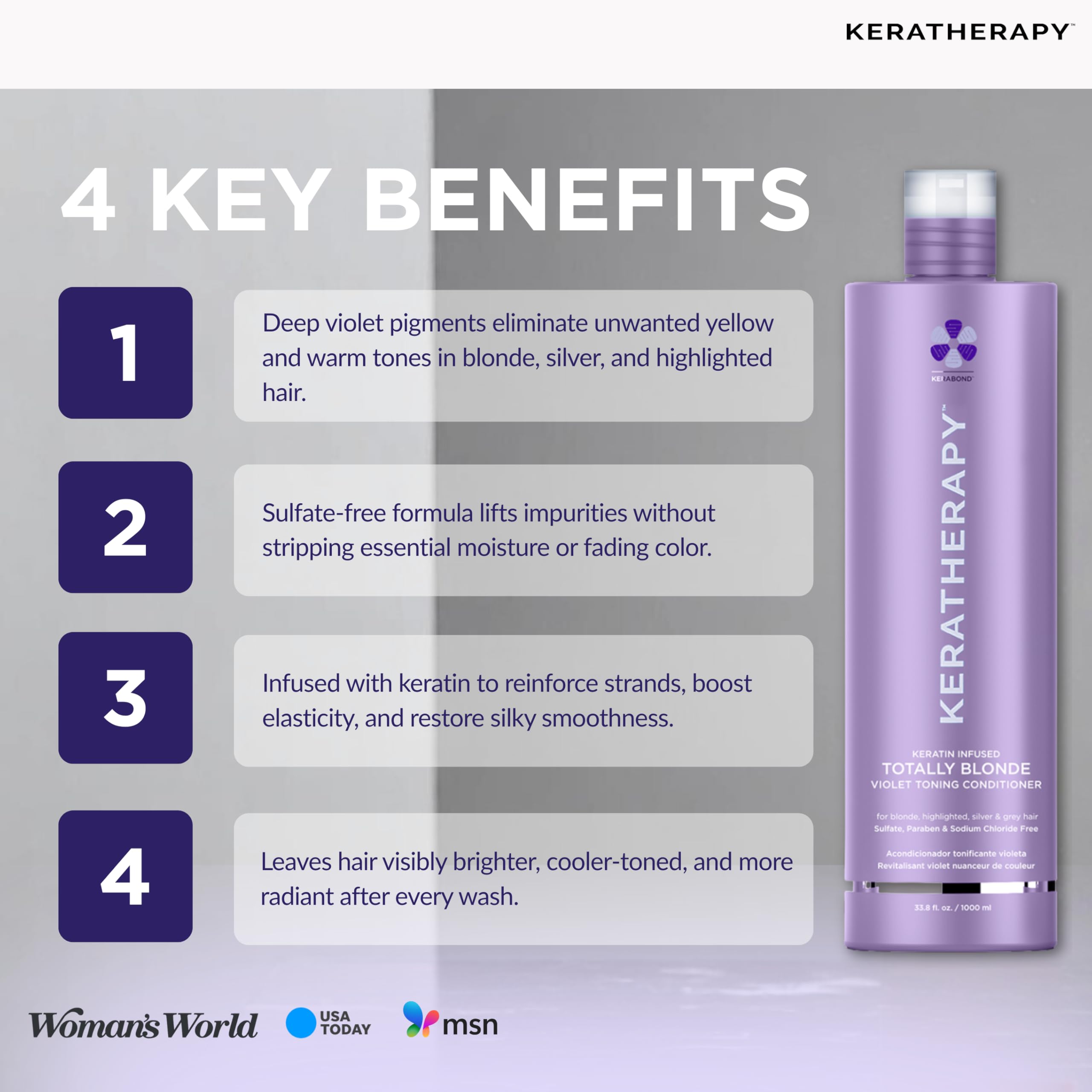 KERATHERAPY Keratin Infused Totally Blonde Violet Toning Conditioner, 33.8 fl. oz., 1000 ml - Keratin Therapy Purple Conditioner for Blonde Hair, Brassy, Silver, & Highlighted - Sulfate & Paraben Free