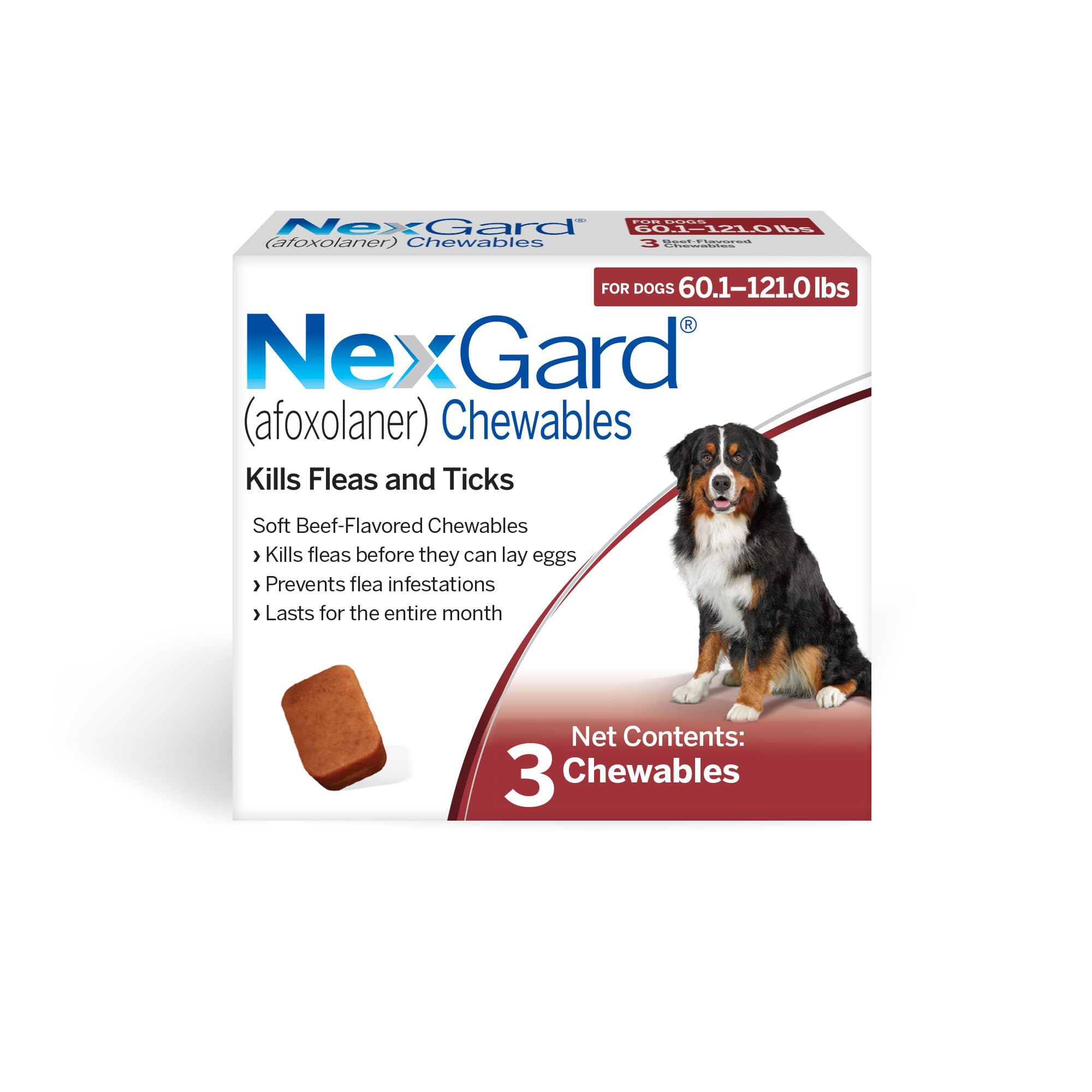NexGard® (afoxolaner) Flea and Tick Protection for Dogs Oral Soft Beef Flavored Chewables, 60.1 to 121 lbs (Red Box) 3 Chews (3 Month Supply)