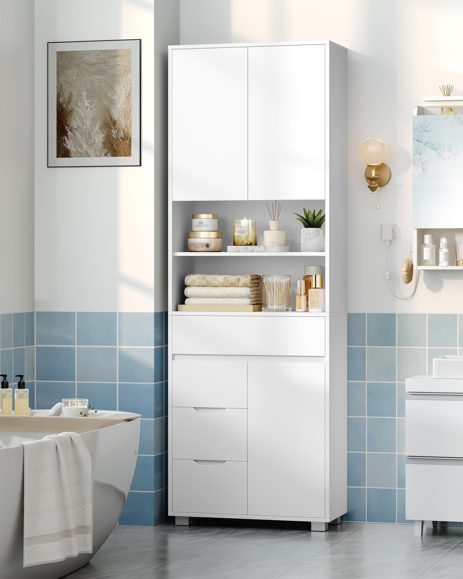 Hzuaneri Mobile Bagno, Alto, Colonna Bagno, 4 Cassetti e 3 Ante, ripiani regolabili, Ampio Spazio di Archiviazione, 30 x 60 x 190 cm, Moderno, per Soggiorno, Bagnos, Bianco SC15503X