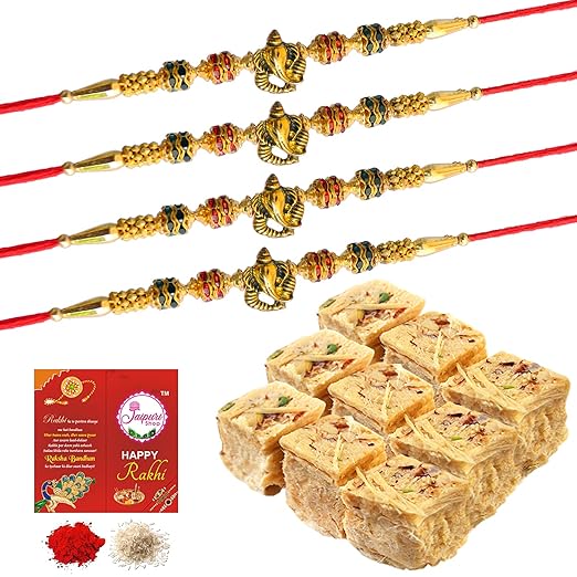 Jaipuri Shop Rajasthani Soan papadi 450Gm with Multicolor Rajasthani Style 4 Pc Exclusive Fancy Thread Rakhi with Roli Chawal Greeting Card -SNPPD-4RakhiSet67
