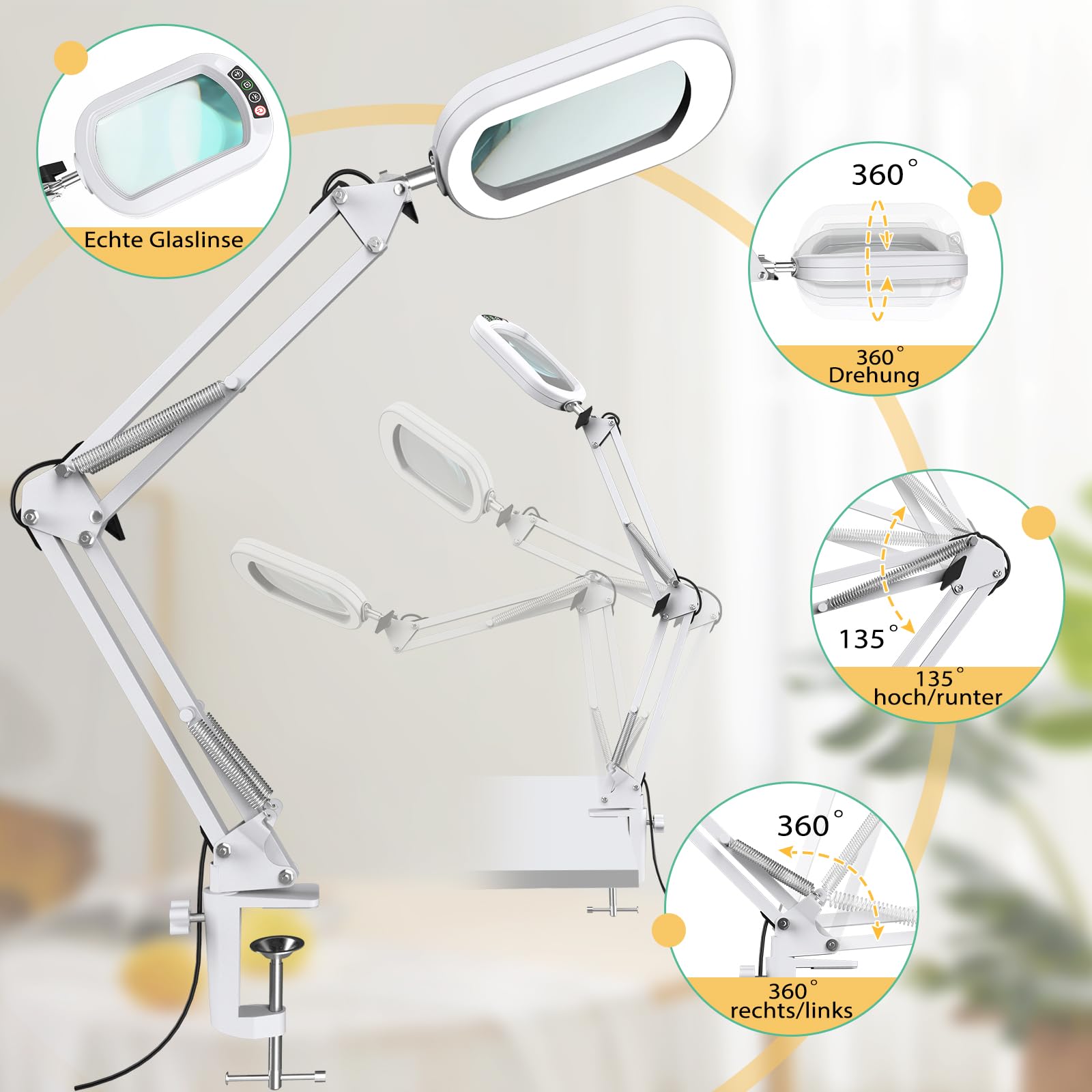 Lupa 10X con luz y abrazadera, cristal auténtico soporte de iluminación, 5 modos de color y regulable sin niveles, lámpara de escritorio LED manos libres para manualidades, aficiones, lectura, pintura