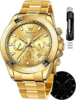 OLEVS Goldene Uhren für Herren, automatisch, selbstaufziehend, luxuriös, wasserdicht, Kalender, Edelstahl, Business, leuchtende Herren-Armbanduhr