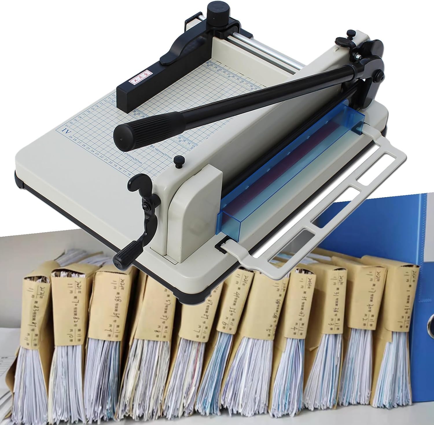 Gilotyna do papieru Przemysłowa obcinarka do papieru – wytrzymała, precyzyjnie tnie 400 arkuszy, z przezroczystą siatką prowadzącą, skóry, PCV