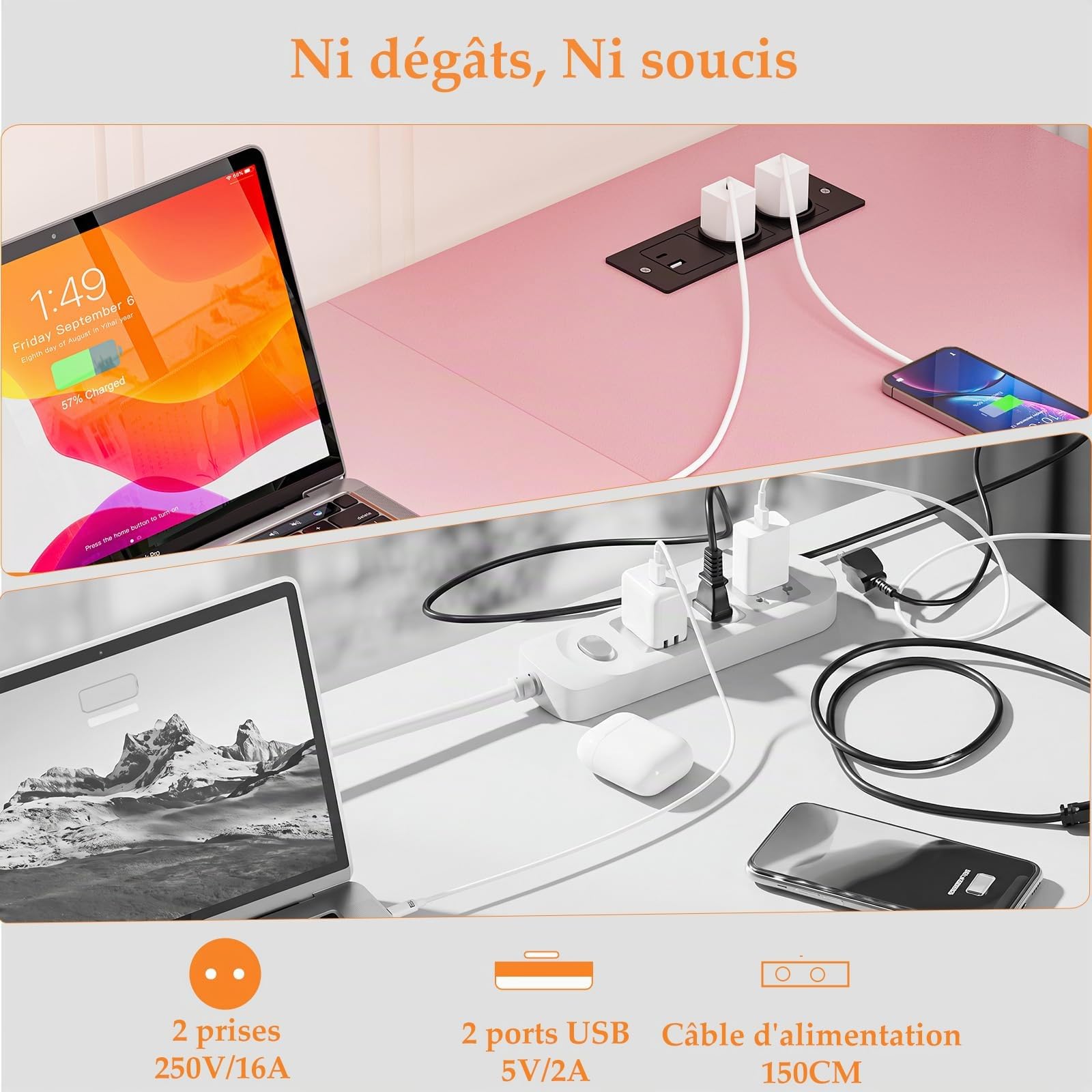 Homieasy Bureau d'angle 128cm avec Prises et USB, Rose
