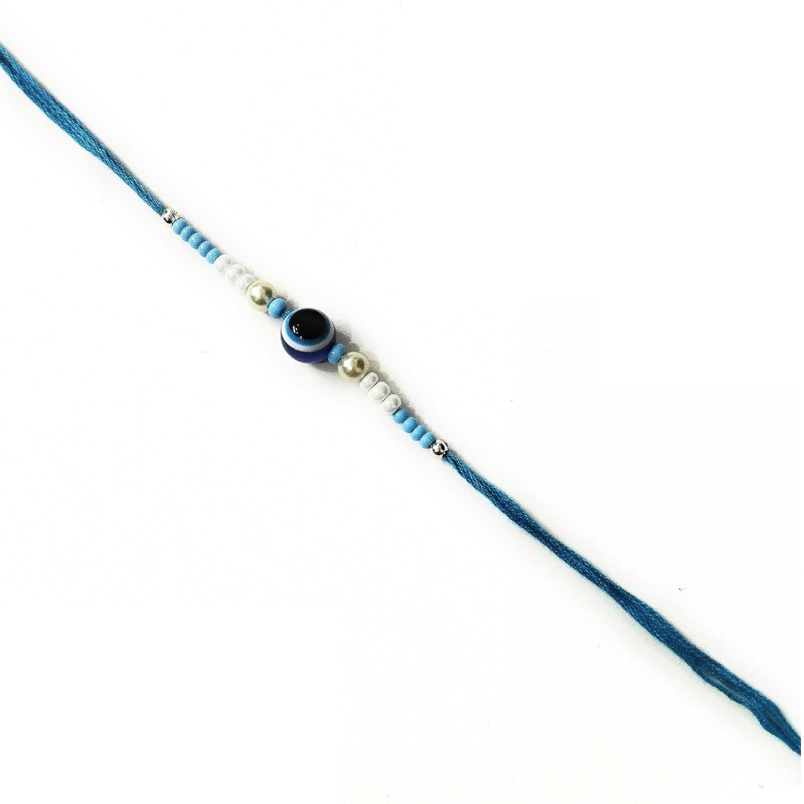 Enchanting Protector - Evil Eye Round Navy Blue/Blue Dhaga/Thread Rakhi with off White/Blue Moti/Pearl - Rakhi for Brother, Bhaiya, Bhai - ArCreations