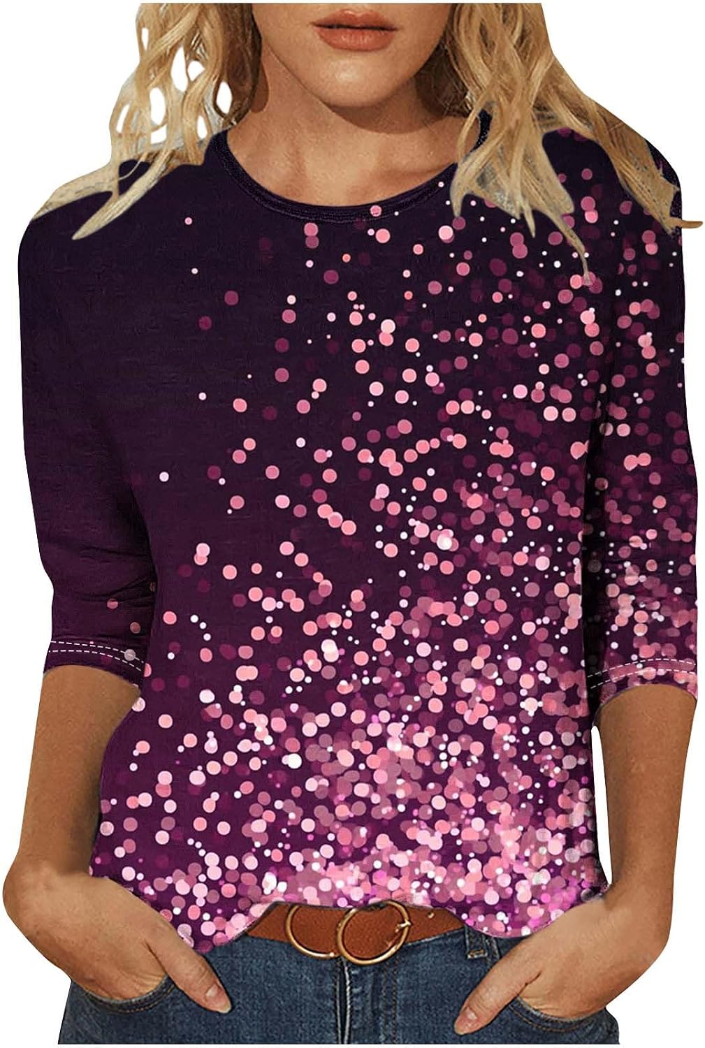 Baggy Tops for Women 3/4 Length Sleeve Casual Shirts Crew Neck Sequin Sparkly Holiday Pullover Glitter Tees