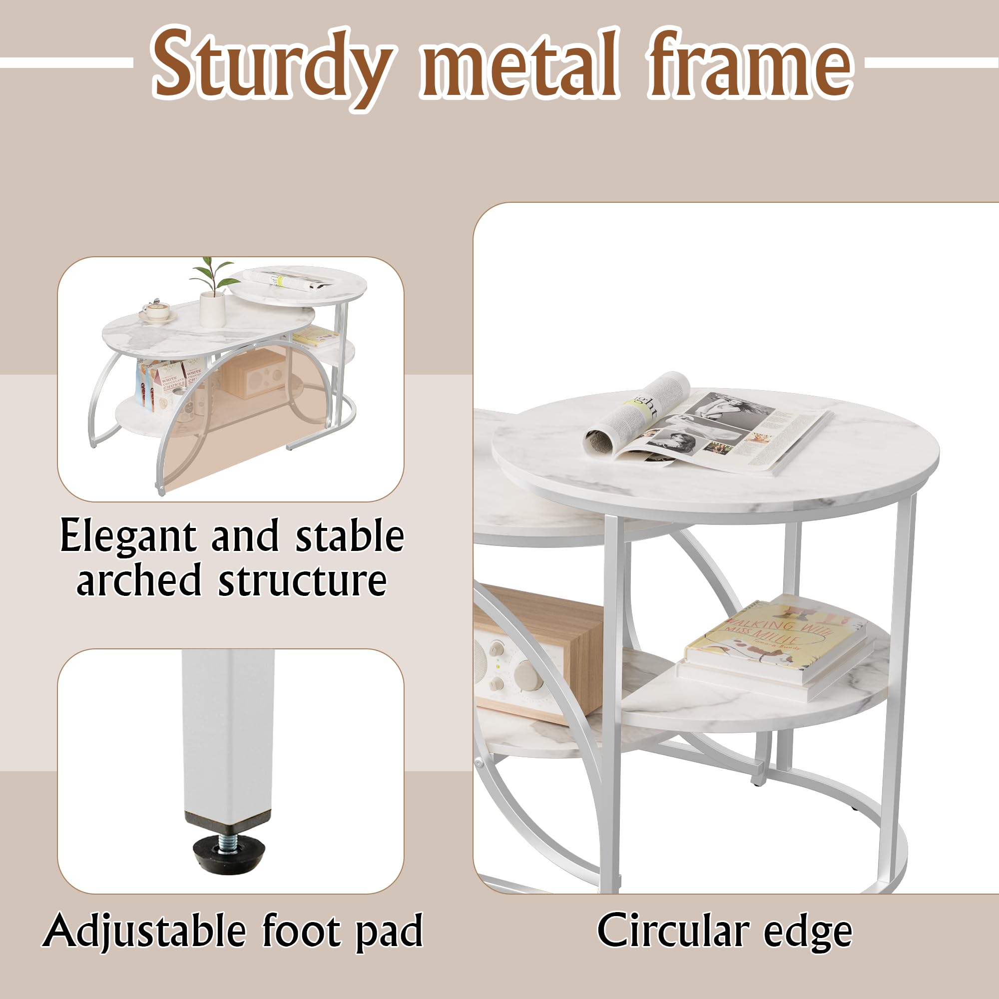 Lot de 2 Tables Basses, Table Gigogne Design Marbre, avec Espace de Rangement, Cadre en Métal, pour Canapé, Salon, Chambre (Argent + Blanc, 80x46x45 cm)