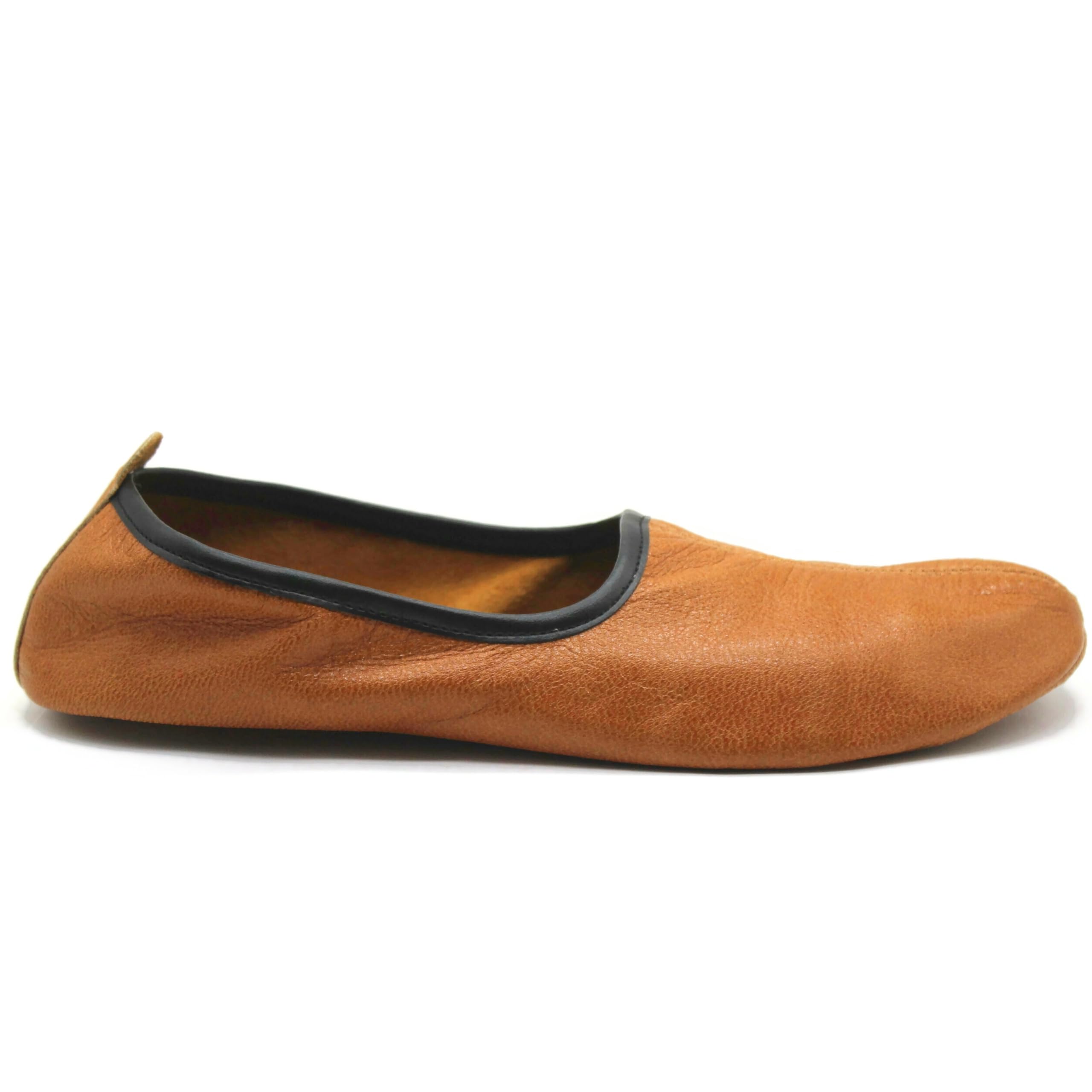 Womens Indoor Leather Slippers Antique Tan Traditional Babouche House Shoes Barefoot Moccasin