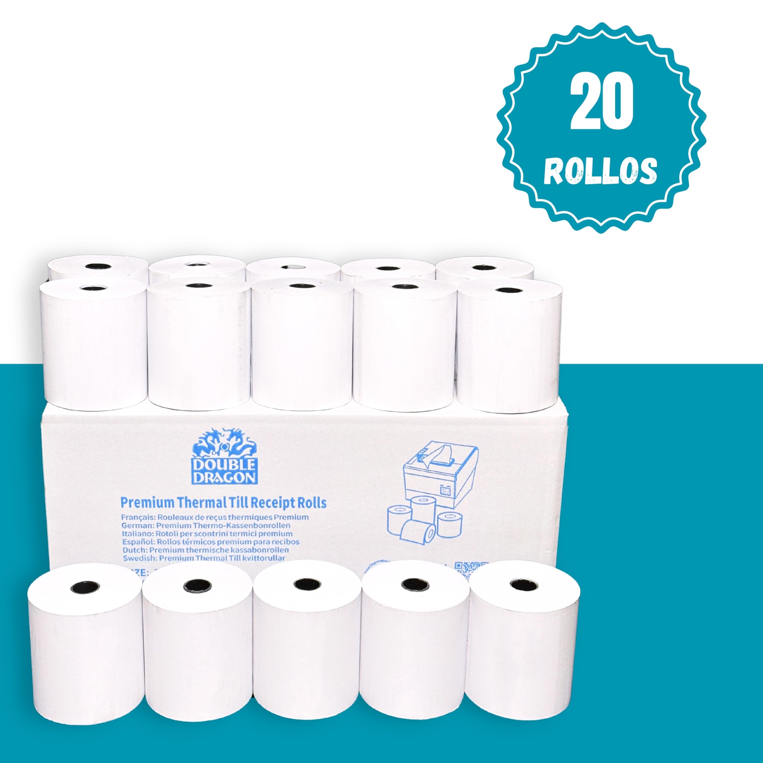 Rollo de Papel Térmico Premium Double Dragon 57 x 57 mm para Impresora EPOS, Terminal POS, Cajeros Automáticos Térmicos [Paquete de 20]