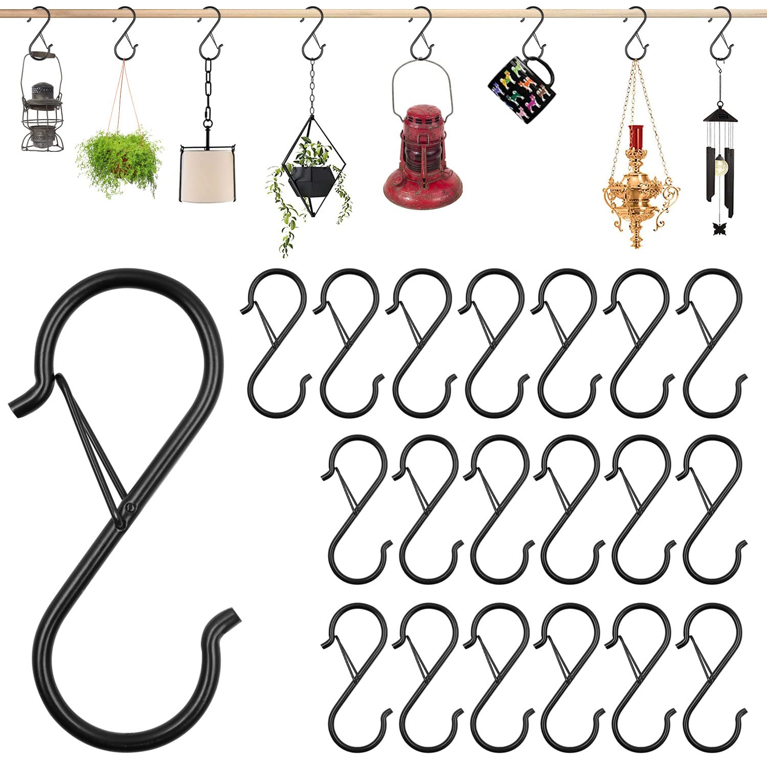Abnaok S Hooks for Hanging, Heavy Duty Safety Buckle Design Metal Black S Hooks for Hanging Kitchenware, Pots, Pans, Plants, Clothes, Cups, Towels in Kitchen, Bathroom, Closet, Garden (10)