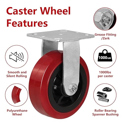 Miniatura 7 de NINOSO Ruedas giratorias resistentes, ruedas industriales de 6 pulgadas, banda de rodadura de poliuretano en núcleo de polipropileno, ruedas fijas