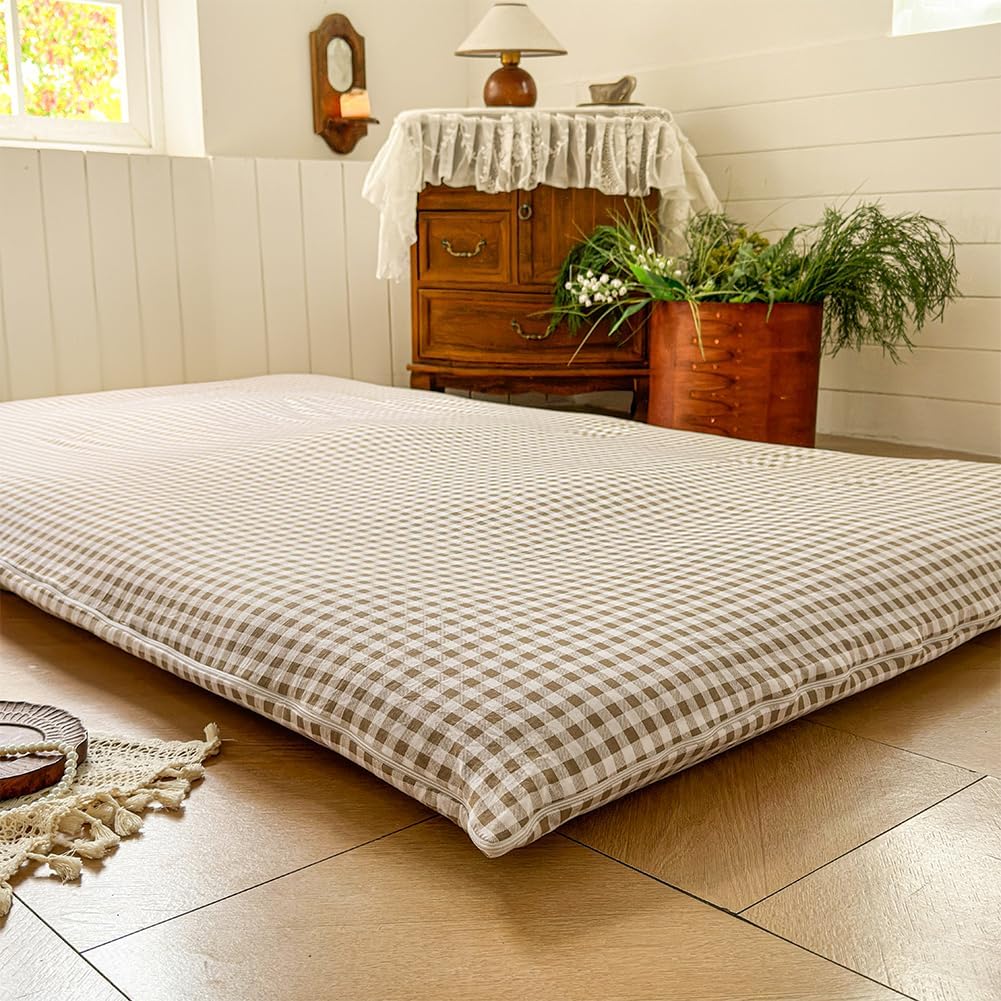 Tan Gingham Japanese Floor Mattress Futon Cover Queen for 3-4" Thick Pad, Checked Plaid Japanese Tatami Mattress Cover,Grid Guest Sleeping Mat for Floor (Tan Gingham, Queen)
