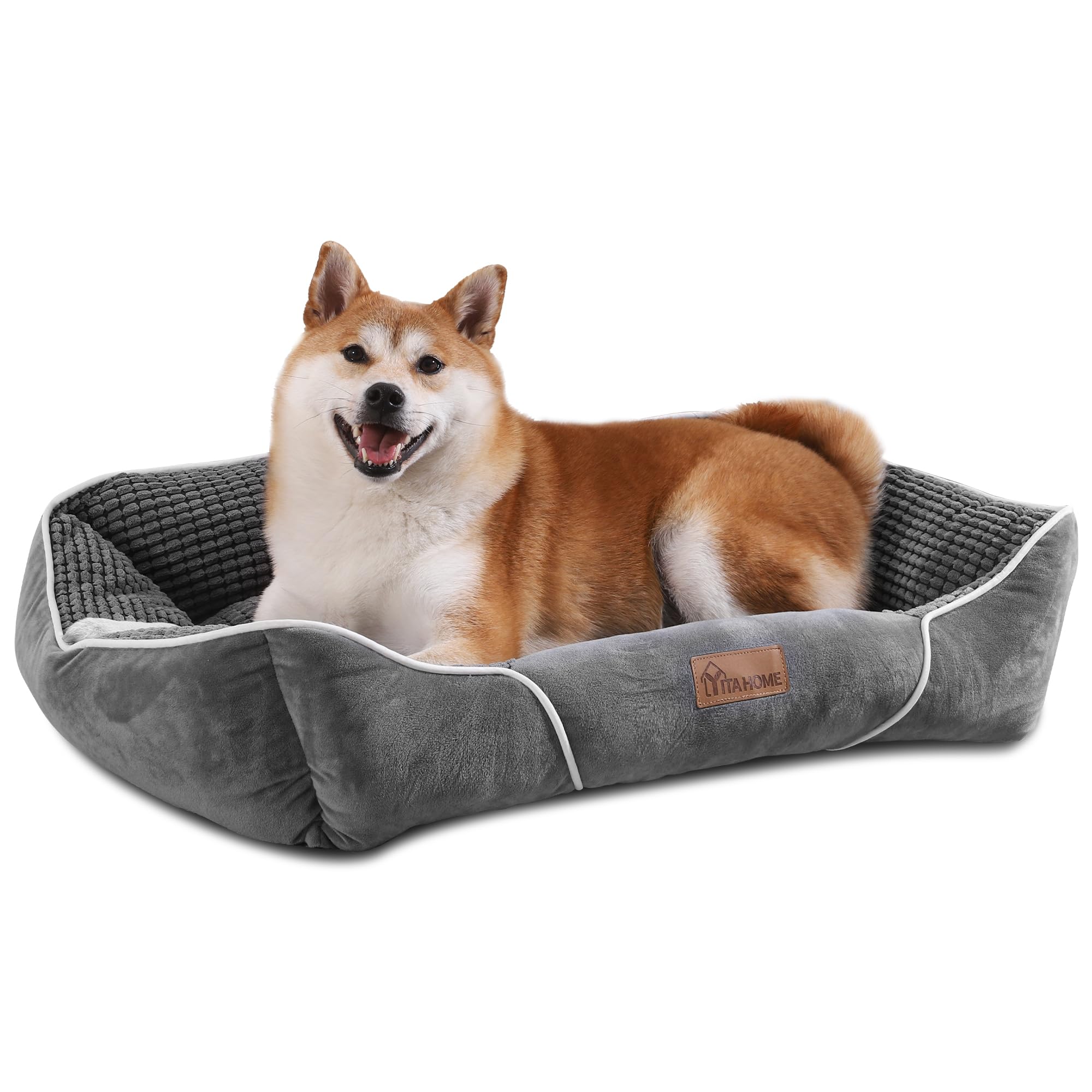 YITAHOME Cama Perro Medianos,Cama para Perro Lavable, Cama de Perros Medianos Antideslizantes con Relleno de Fibras Super Suave,Gris,64x53x20cm