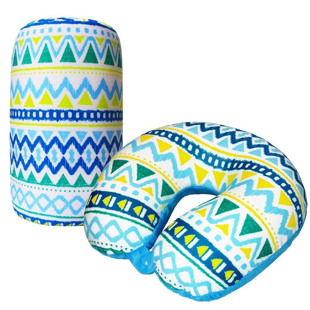Bookishbunny 2pcs Micro Bead Set U Shaped Neck Travel Pillow 12" x 12" x 4" and Roll Back Pillow Cushion 13" x 7", Various Designs (Blue Wave)