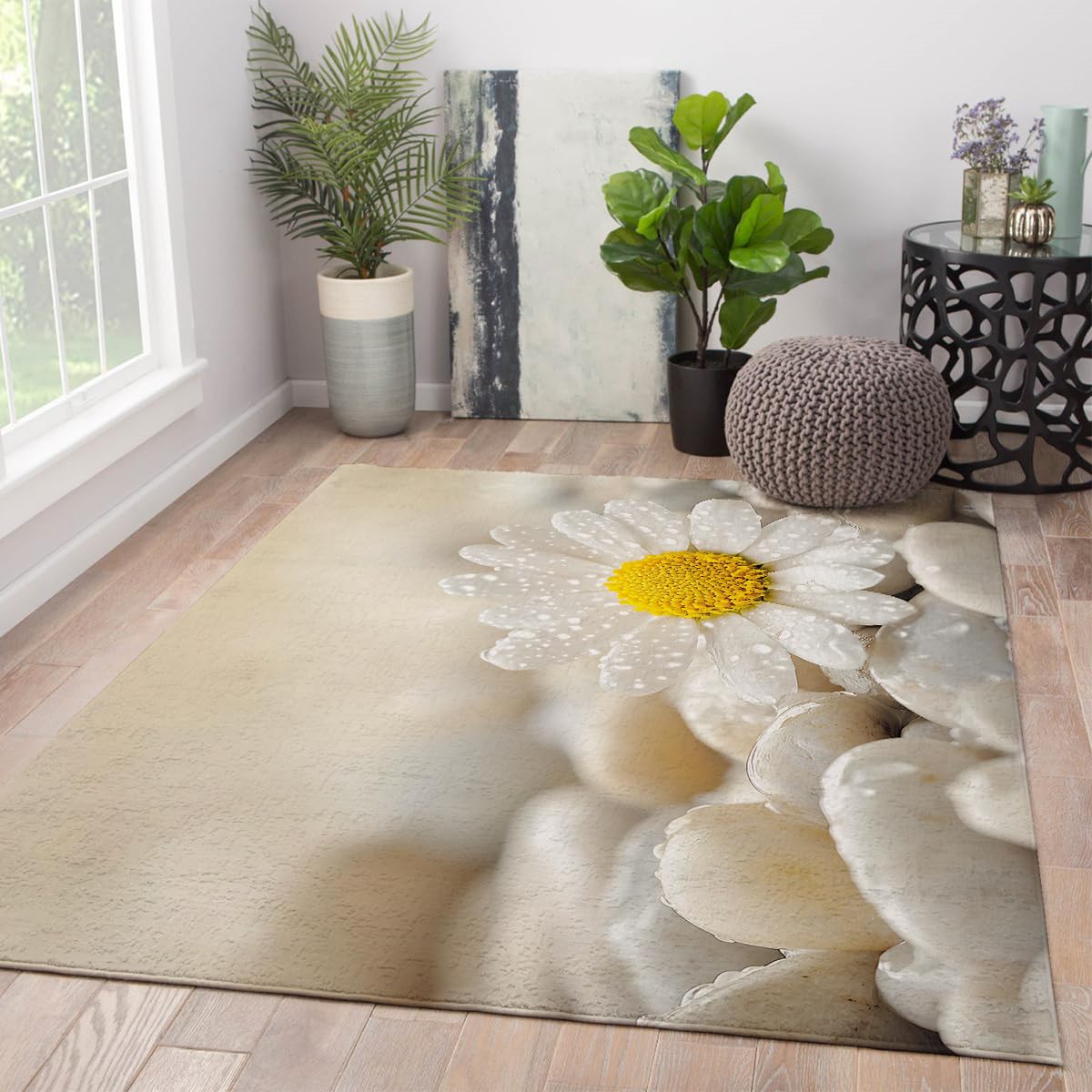 Jardin méditation 180x270cm Tapis d’Espace Goutte rosée Marguerite et Pierres Grises imprimées Moquette à Poil Bas Facile à Nettoyer pour Appartement Décoration Bureau