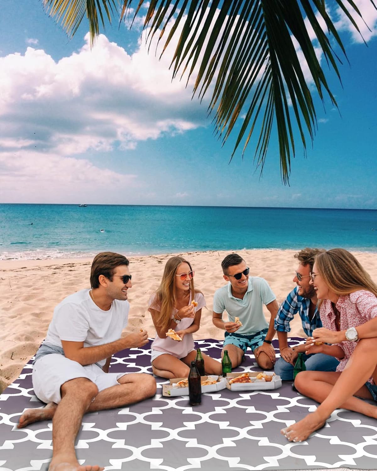 Vintage Moroccan Pattern Beach Blanket Waterproof Sandproof Outdoor Picnic Mat 108"x84" Purple Gradient Grey Lightweight Large Beaach Blankets with 4 Stake & 4 Corner Pockets