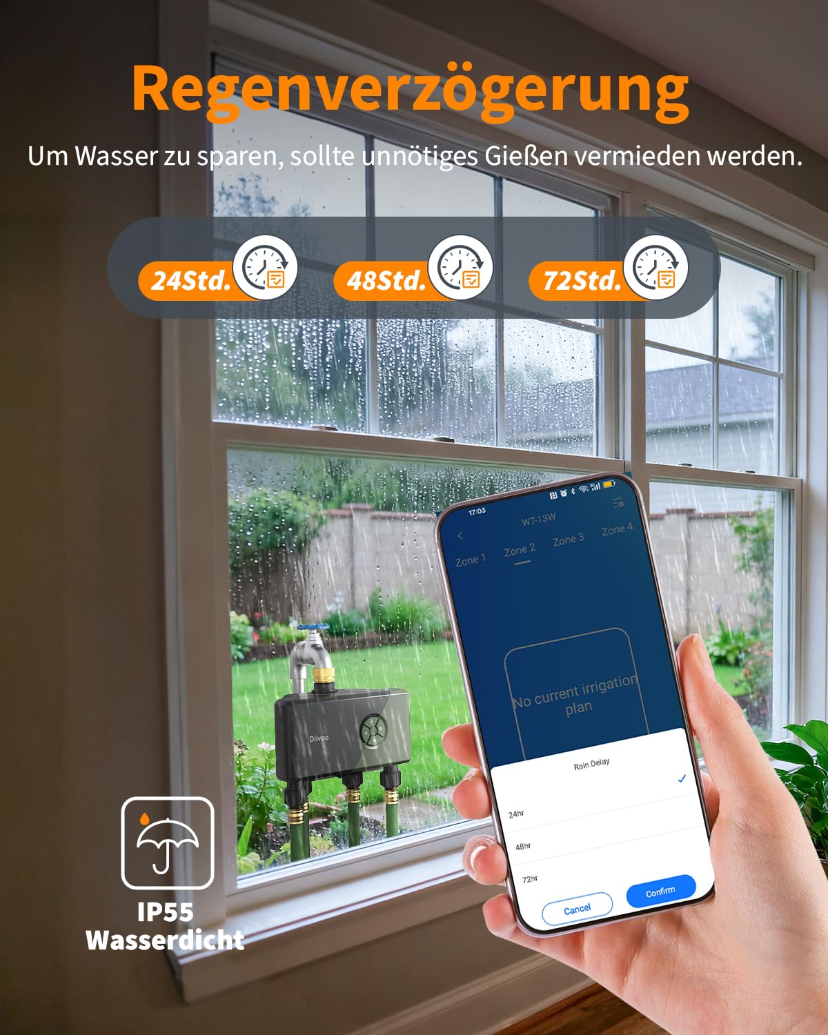 Diivoo Bewässerungscomputer 4 Ausgänge WLAN mit Messingeinlass, Smart Wasserzeitschaltuhr Garten kompatibel mit Alexa/Google Assistant, 24 Pläne, Regenverzögerung & Nebelmodus für Garten Rasen