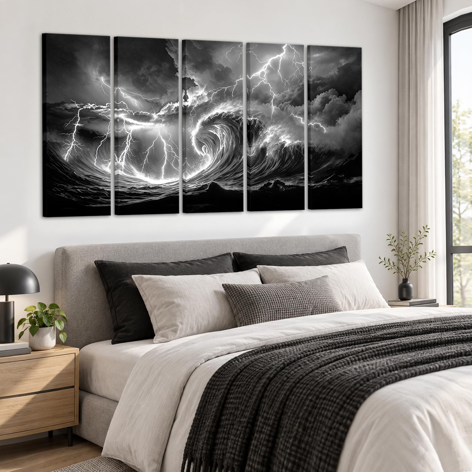 Biuteawal 5 piezas de arte de pared con diseño de olas del océano, relámpago, blanco y negro, imágenes enmarcadas de paisaje marino, decoración moderna para el hogar y