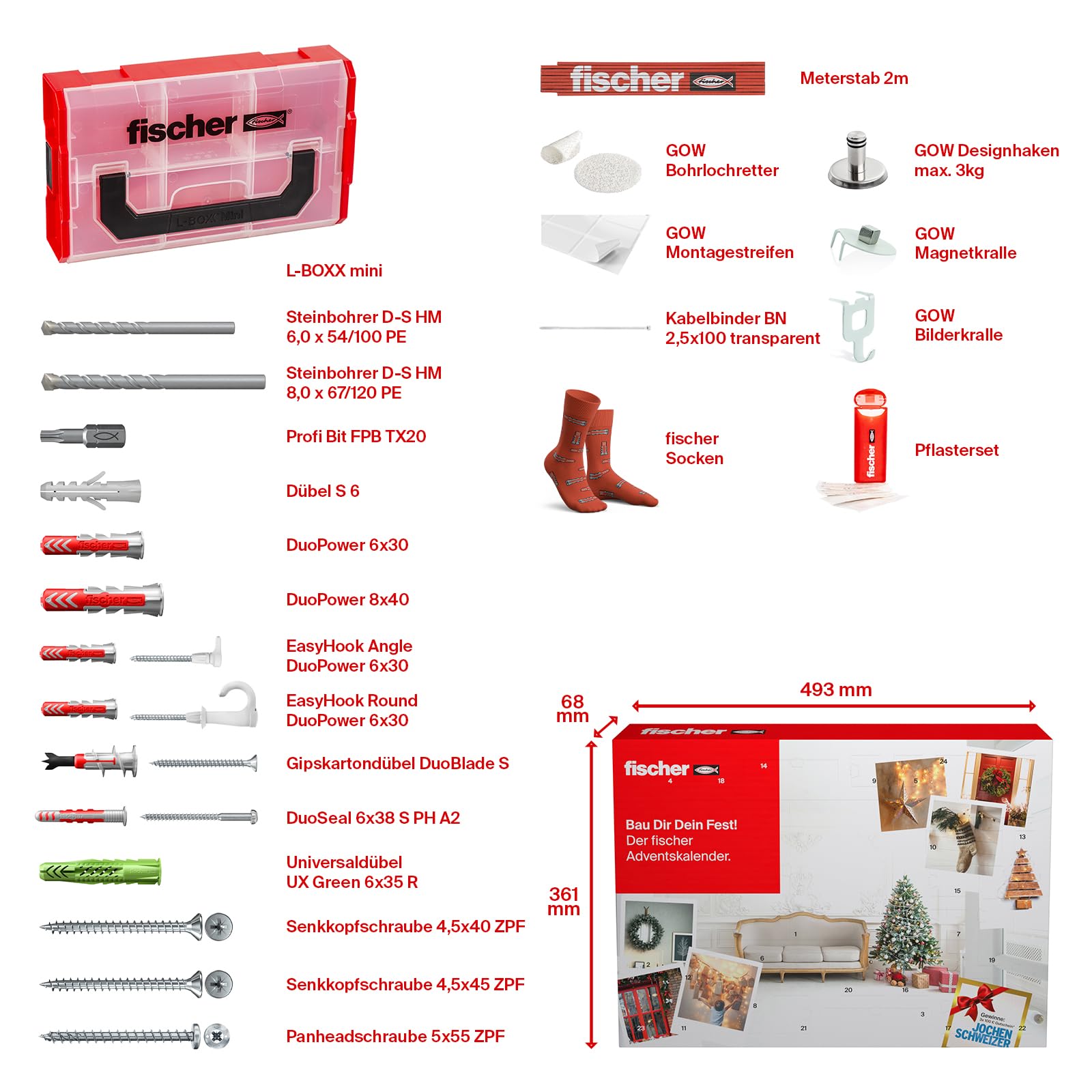 fischer Calendario de Adviento – 24 prácticas soluciones de fijación para bricolaje creativo, aficionados al bricolaje y manualidades, mezcla de tacos, tornillos, brocas, brocas y más