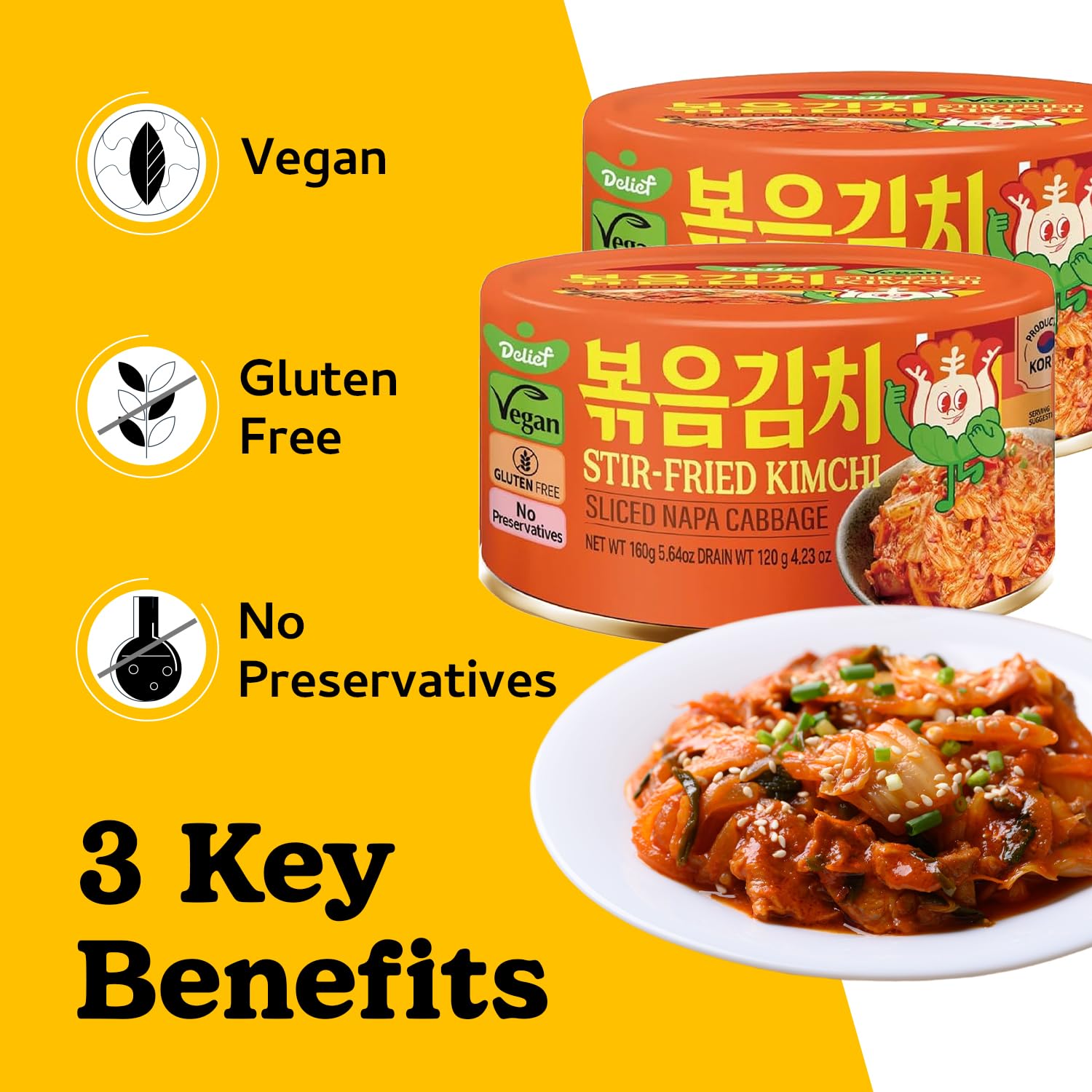 DELIEF Stir-Fried Cabbage Kimchi - Authentic Korean Cabbage, Vegan, Gluten-Free, Shelf-Stable Canned, No Preservatives, 5.64 oz/160 g (1 Pack)