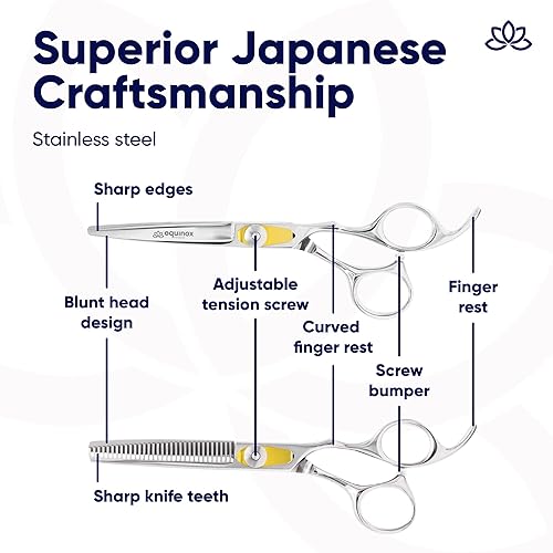 Vista 78 de Equinox - Juego de tijeras de peluquero profesional, incluye tijeras y tijeras de adelgazamiento para cortar el cabello y aseo, accesorios de acero