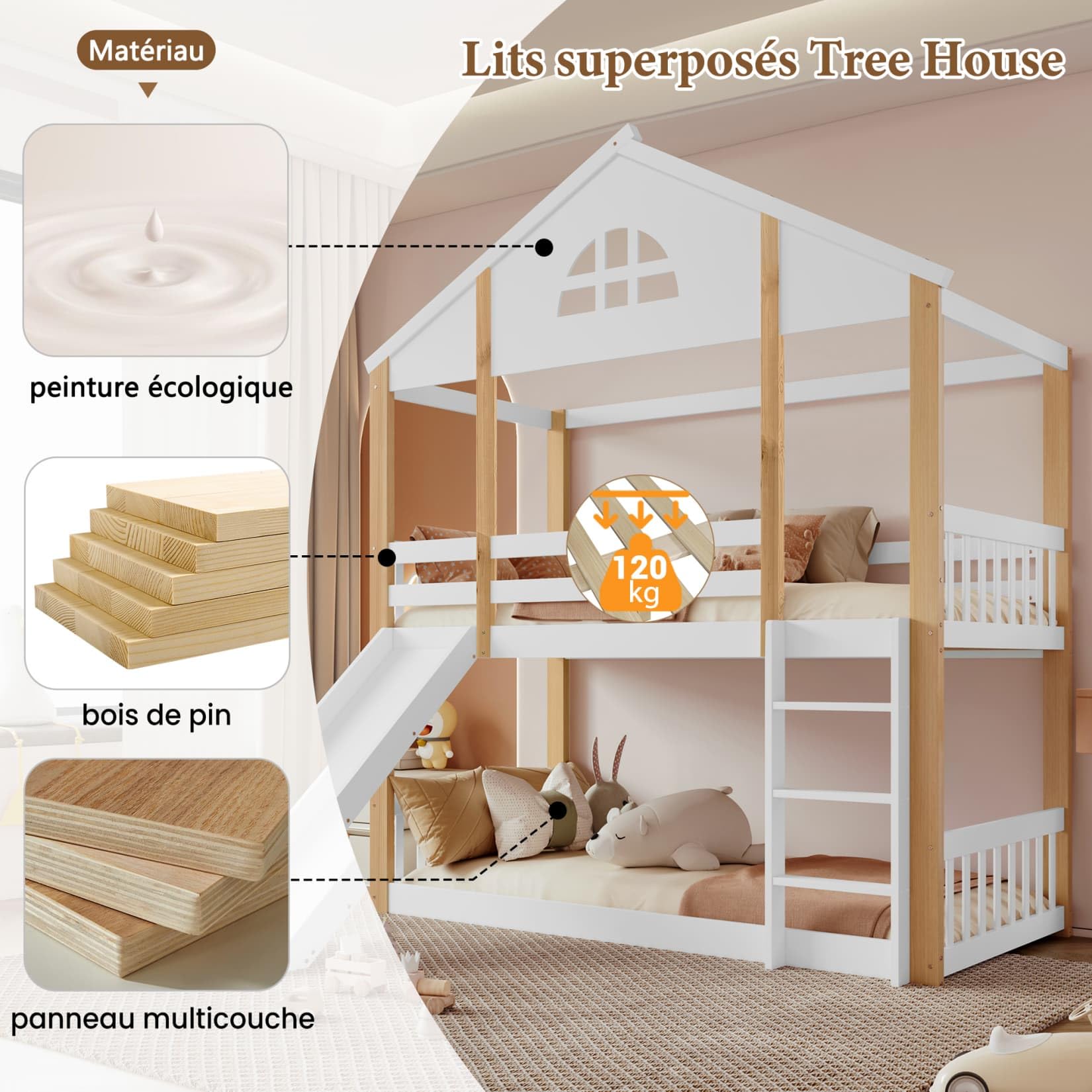 Lit Superposé Enfant Avec Toboggan Et Tiroirs - 90x200 Cm - Cabane Avec Toit - Pin Et MDF