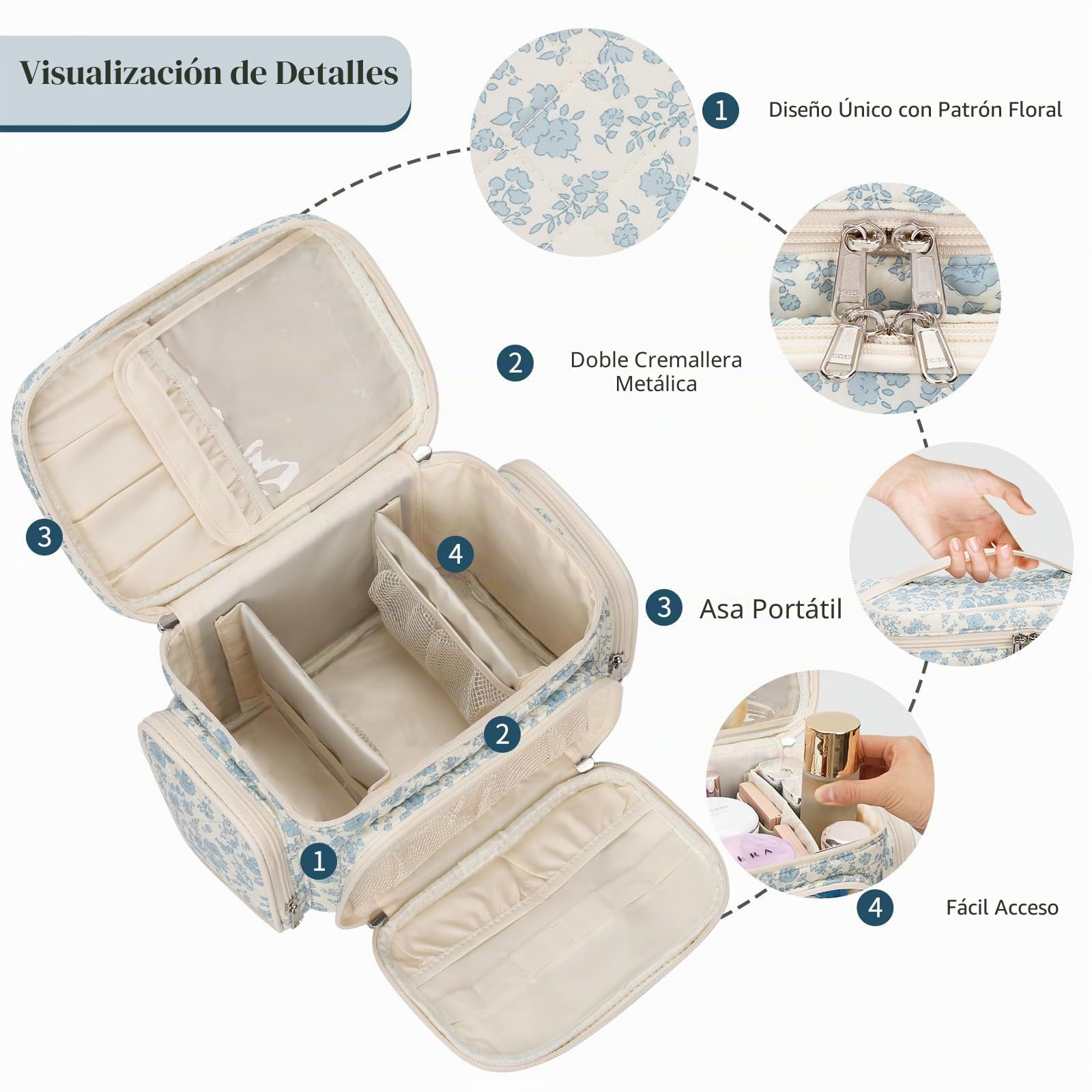 Neceser grande de viaje, bolsa de maquillaje para mujer, bolsa de maquillaje con soporte para pinceles, organizador portátil, azul flores, Neceser grande
